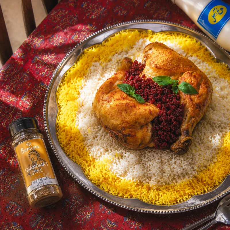 طرز تهیه زرشک پلو با مرغ با ادویه پلویی بامینا